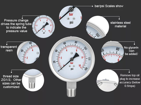 Draadverbinding WZ 100mm 304SS Drukmeter van roestvrij staal Cylindrische kopcode