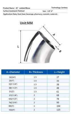Sanitaire lasverbinding gesmeed SS304 316L 45 graden elleboog voor olie water gas melk